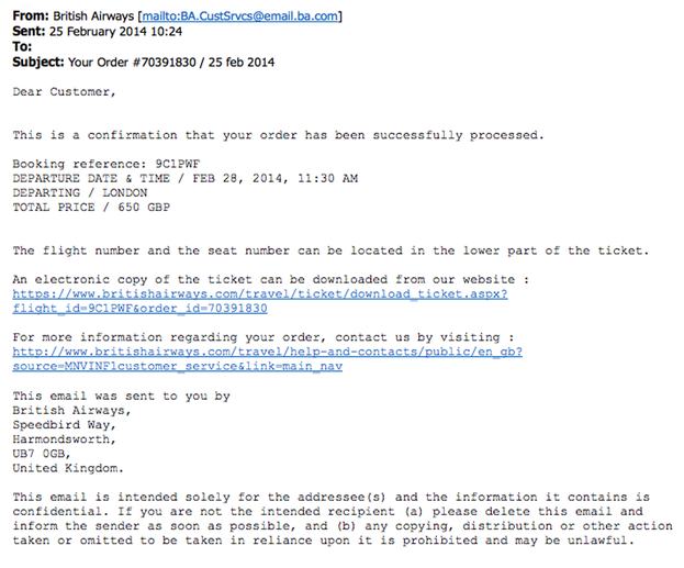 Malware spread via bogus British Airways email