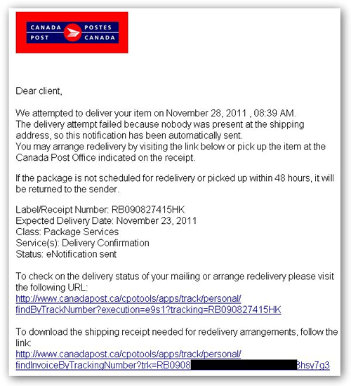 Failed Package Delivery malware email