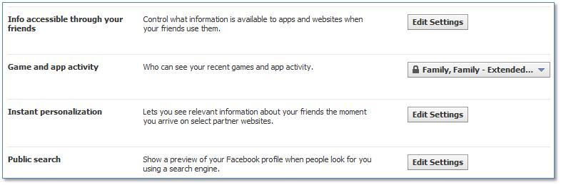 Facebook Apps, Games and Websites Further Settings