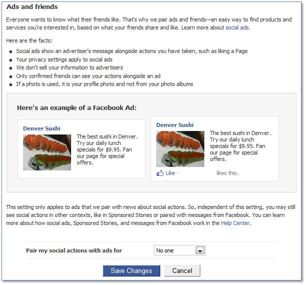 Facebook social ads settings