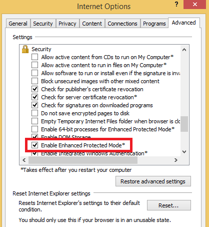 Figure 4: Enhanced Protected Mode option turned on in Internet Explorer settings (available since IE10). On Windows 8+ (IE11) it was turned on by default before applying MS13-088.