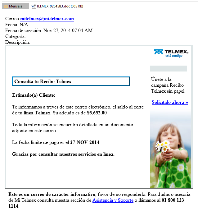 Falso correo de TELMEX propaga malware