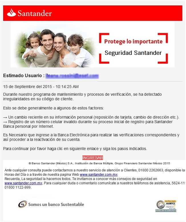 Correo de phishing que busca engañar a usuarios del Banco Santander
