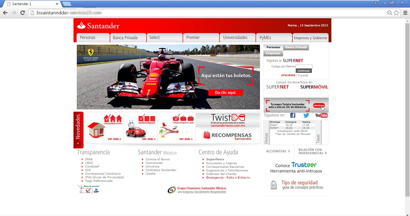 Homepage del sitio falso del Banco Santander