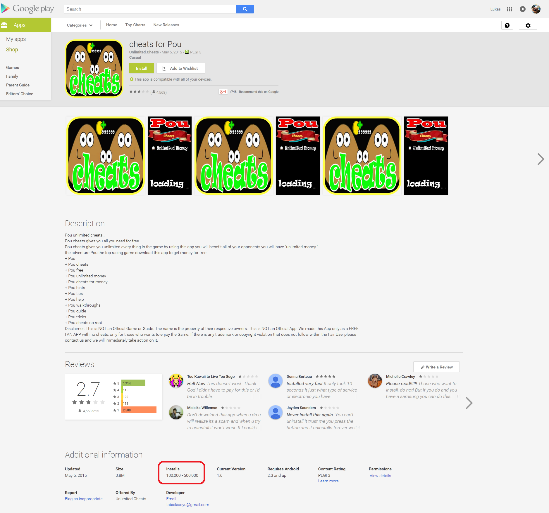 Figure 1: Malicious ‘Cheats for Pou’ from Google Play Store