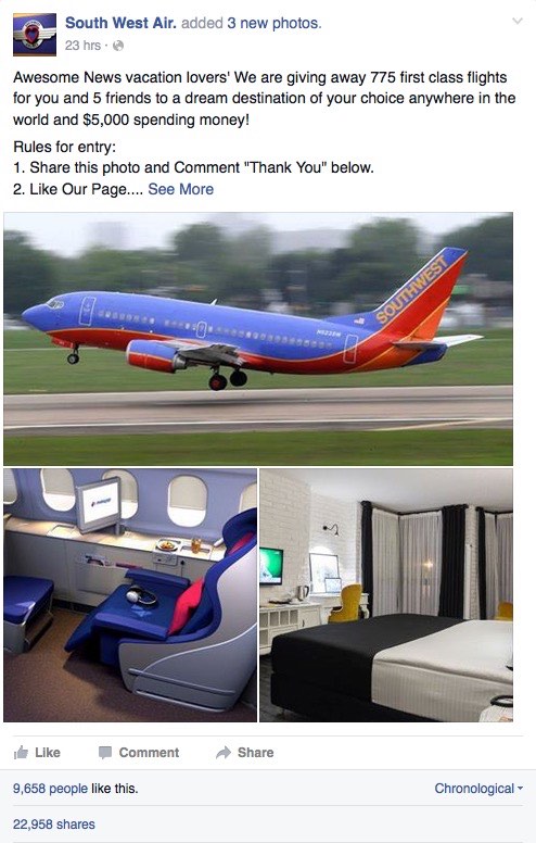 Southwest Airlines scam on Facebook