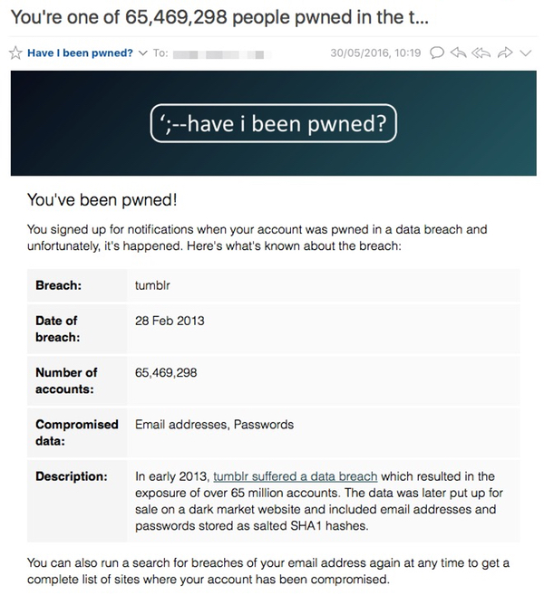 Notification email from Have I Been Pwned