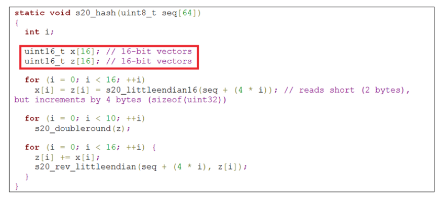 Imagen 6: Error de desarrollo en Petya al modificar Salsa20 para su uso en arquitecturas de 16 bits
