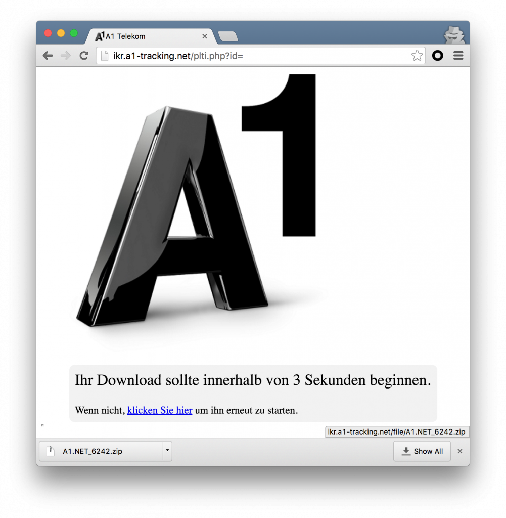 Figure 2: Download page for Austria campaign mimics A1 Telekom