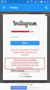 Vol d'identifiants Instagram : Erreur mot de passe incorrect