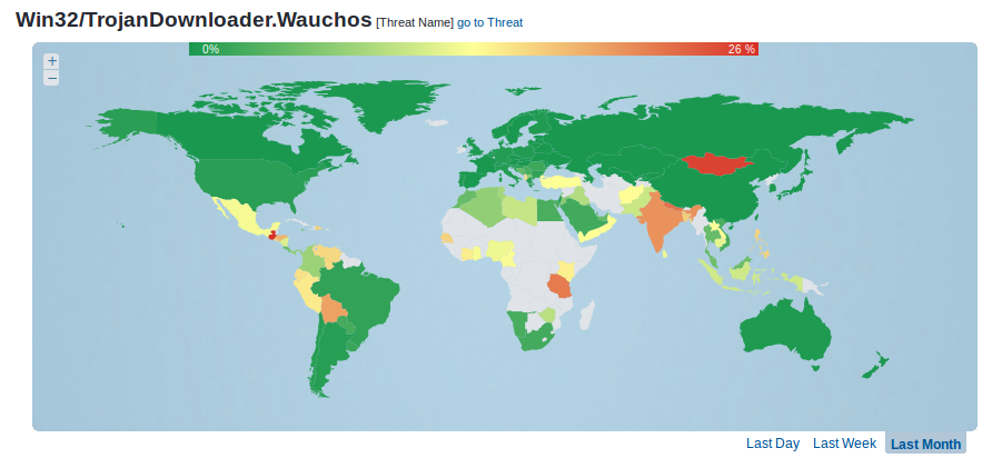 Graphique 1 : Carte de la prévalence de Wauchos, décembre 2016. (Source : http://virusradar.com/)