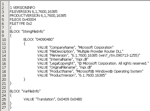 Die Wrapper DLL stellt sich als legitime mpr.dll Bibliothek dar, sowohl mit Namen als auch mit Versionsinfo