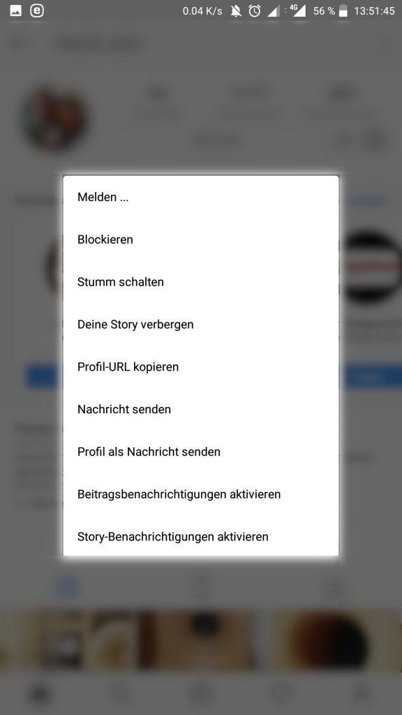 Screenshot Instagram App – Konto melden bzw. blockieren