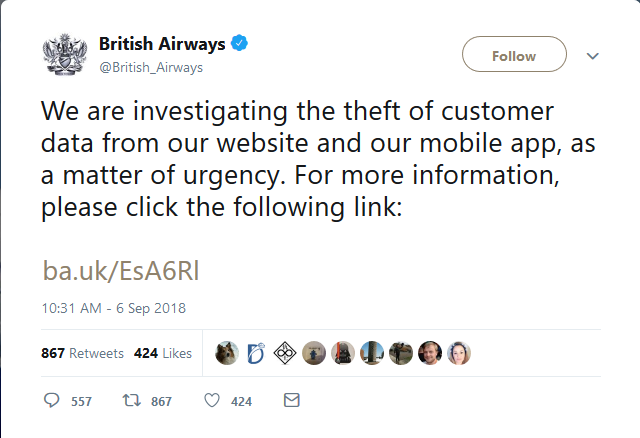 , British Airways suffers breach, 380,000 card details stolen