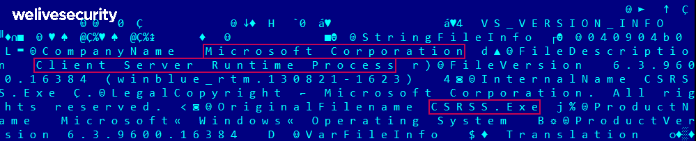 Die Malware ahmt einen Windows System-Prozess nach und nutzt Versionsdetails, die von Windows Server 2012 R2 kopiert wurden.