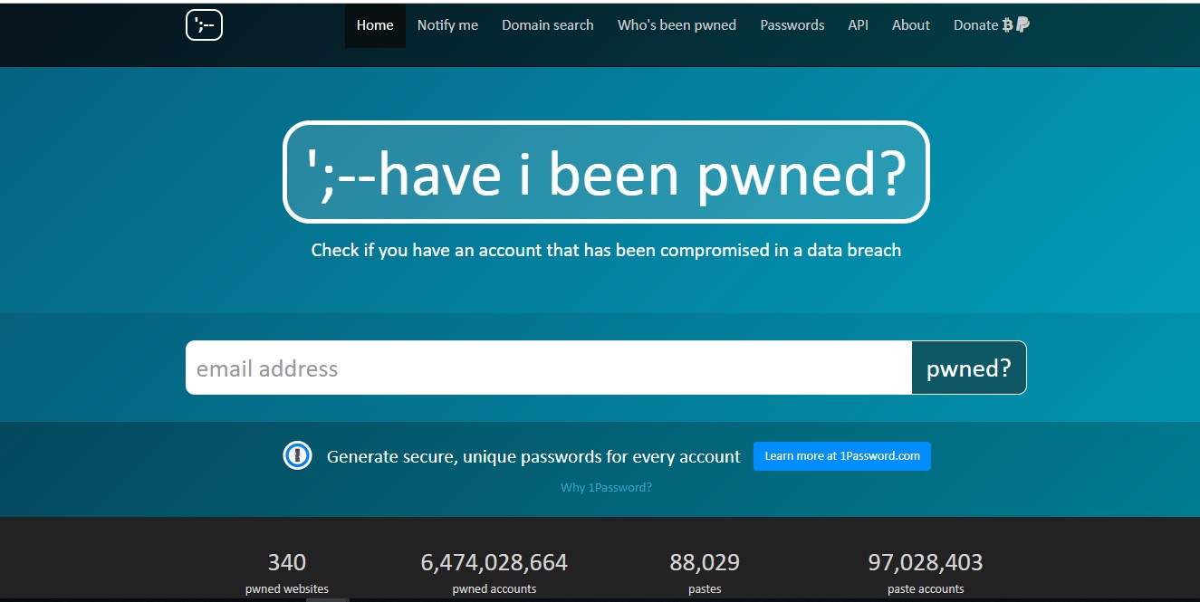 Screenshot von der "have i been pwned"-Webseite 