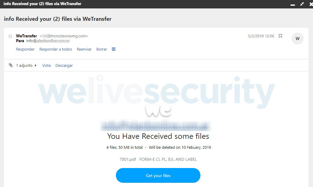 Campaña de phishing envía correo con supuestos vía WeTransfer | WeLiveSecurity