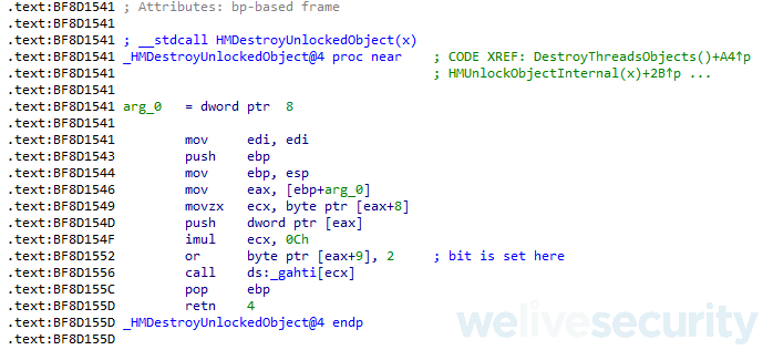 Bild 3. Disassemblierter Code der win32k!HMDestroyUnlockedObject Funktion