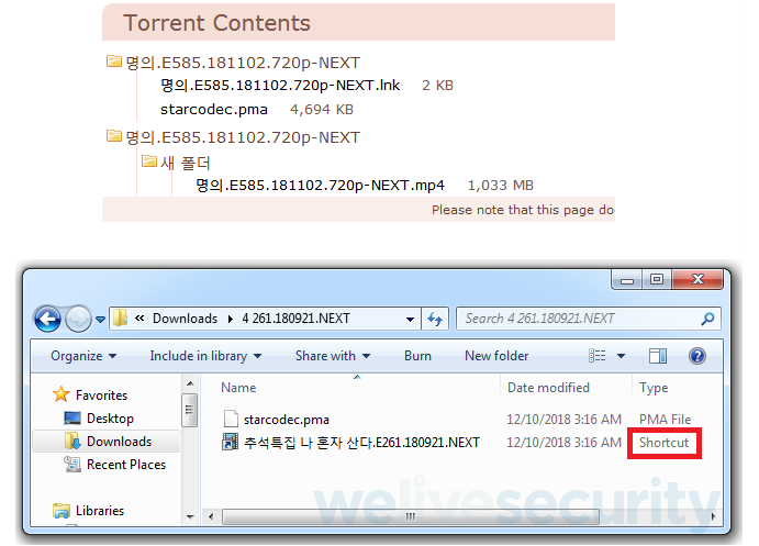 Torrent-Inhalte (.mp4-Datei wird im zweiten Screenshot nicht gezeigt); Malware wird durch trügerische LNK-Datei gestartet.