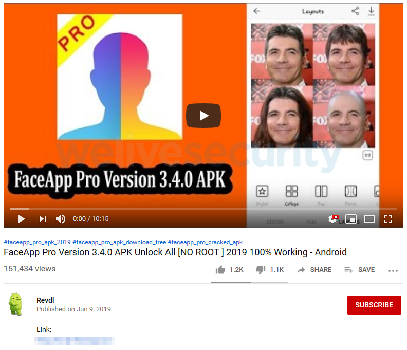 Bild 4. YouTube Video das behauptet, einen Link zum Download der Installationsdatei (APK) für ein nicht existentes “FaceApp Pro” für Android anzubieten
