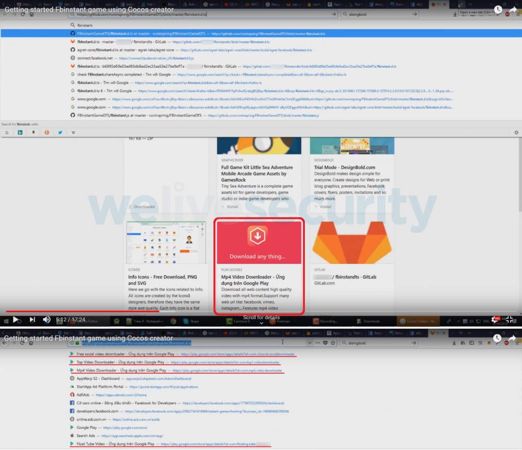 Screenshots aus dem YouTube-Video dieses Entwicklers zeigen den Verlauf der Überprüfung der Ashas-Adware bei Google Play