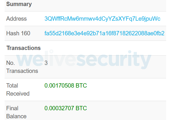 Abbildung 3: Die von den Mispadu Malware-Operatoren angelegte Bitcoin-Wallet