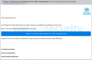 Abbildung 1: Eine E-Mail, welche die Reputation der WHO missbraucht, um Malware zu verbreiten oder Opfer auf Phishing-Webseiten zu leiten.