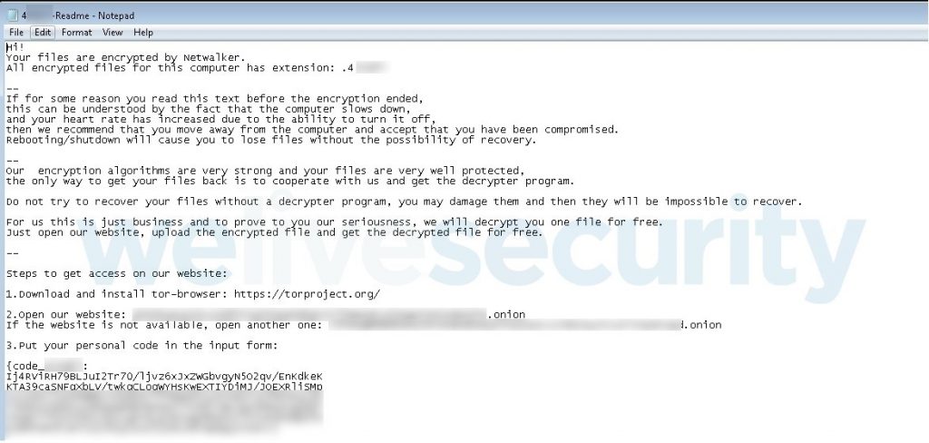 NetWalker ransomware – ransom note