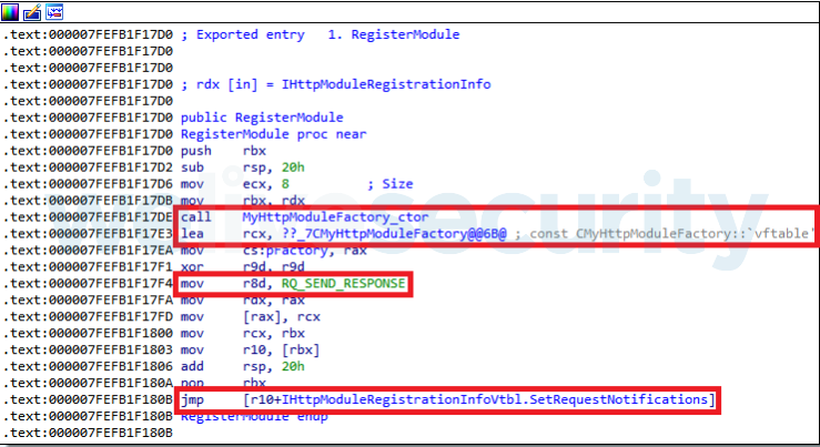 Figure 3. A typical RegisterModule function of native IIS malware