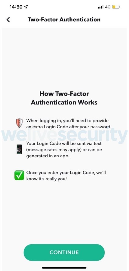 Figure 3. Snapchat two factor authentication