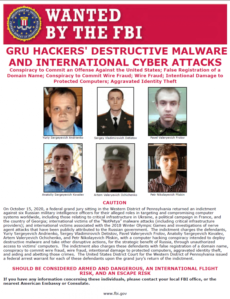 Figure 2. FBIs wanted poster for six members of GRU Unit 74455