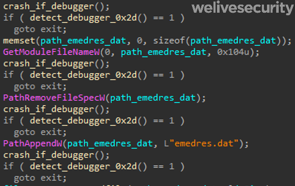 Figure 10. Decompiler view showing the obvious pattern of anti debugging checks. Note that we had to remove the aforementioned obfuscation for the decompiler to produce any output.