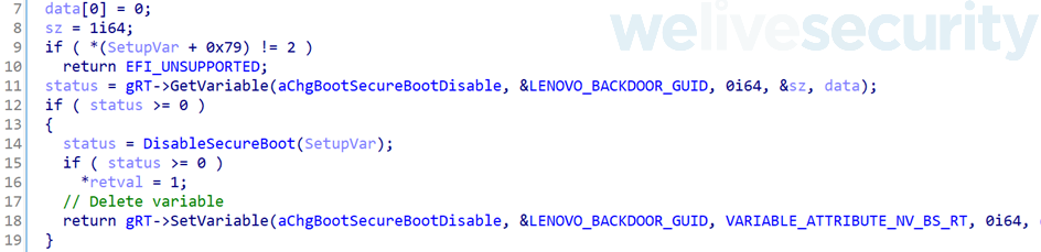 Figure 12. Hex Rays decompiled function from ChgBootDxeHook checking the existence of ChgBootSecureBootDisable NVRAM variable