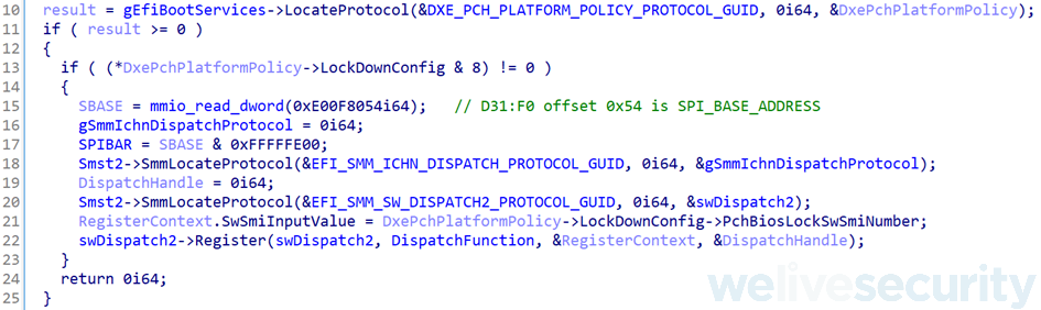 Figure 6. Hex Rays decompiled code from PchBiosWriteProtect responsible for initialization of BIOS Control Register related SPI flash protections