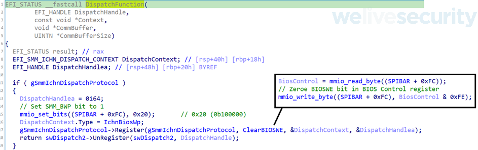 Figure 7. Hex Rays decompiled code of DispatchFunction from PchBiosWriteProtect