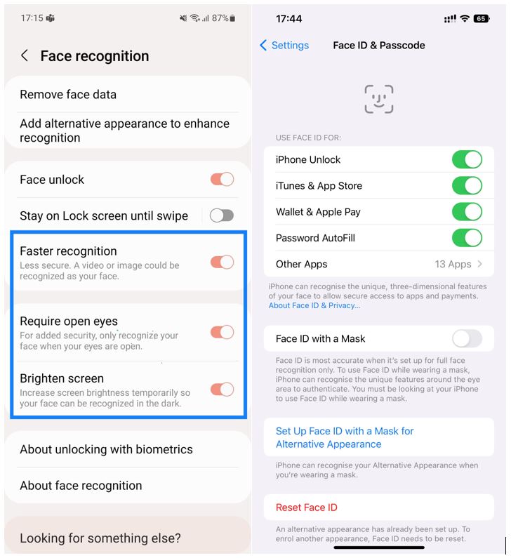 Figure 4. Face recognition options in Android and iOS