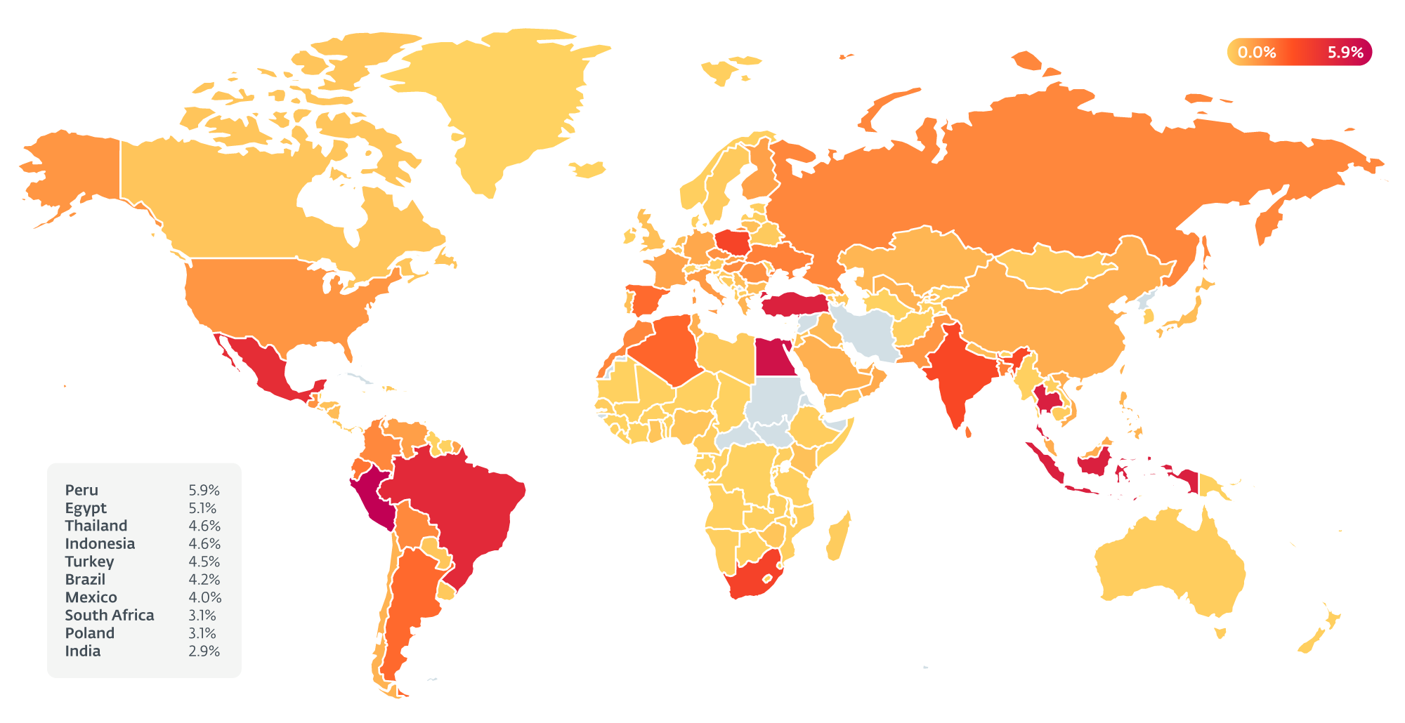 Figura 2. Mapa de calor de los países en los que se registró más actividad de AceCryptor según la telemetría de ESET durante 2021 y 2022. Varios países de América Latina con Perú, Brasil y México encabezando las detecciones de la región