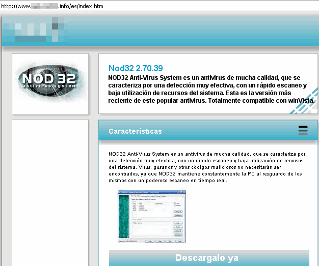 Sitio falso de ESET NOD32