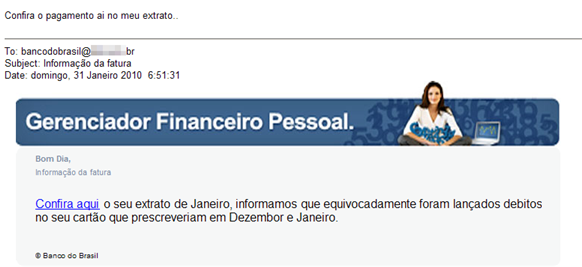 Mensaje falso supuestamente emitido por el Banco do Brasil