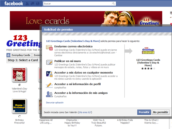 Amenazas en San Valentín - Aplicaciones en Facebook