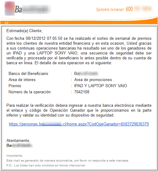 Falso correo electrónico que simula provenir de banco chileno