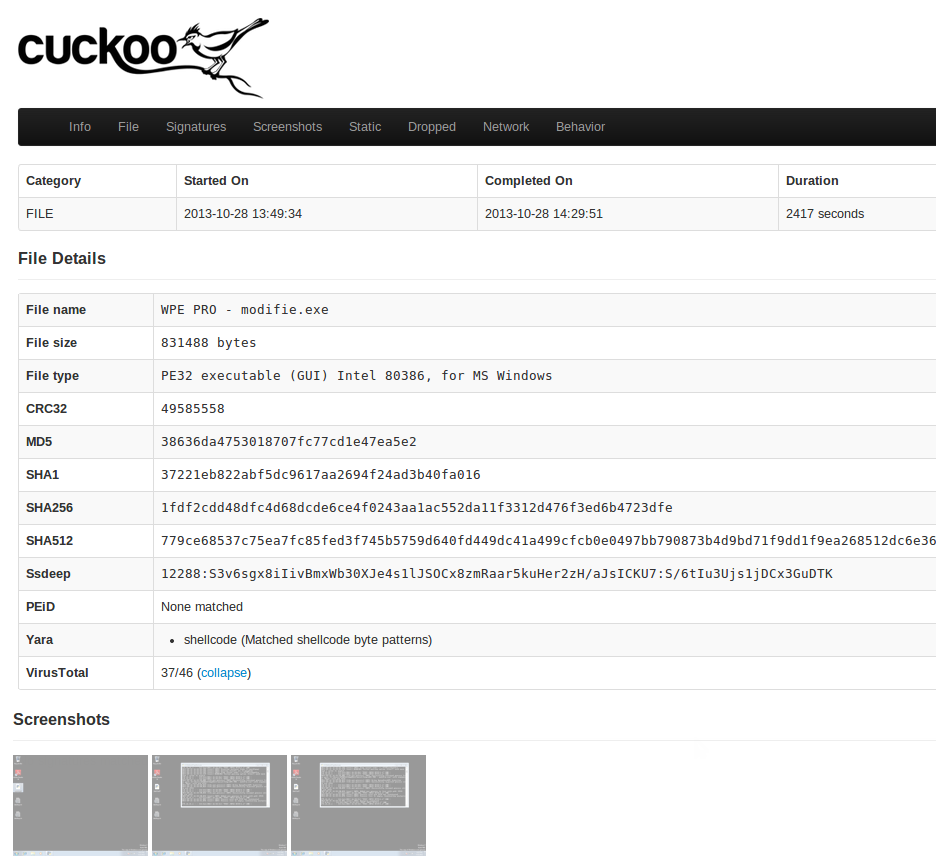 Información del archivo malicioso Cuckoo